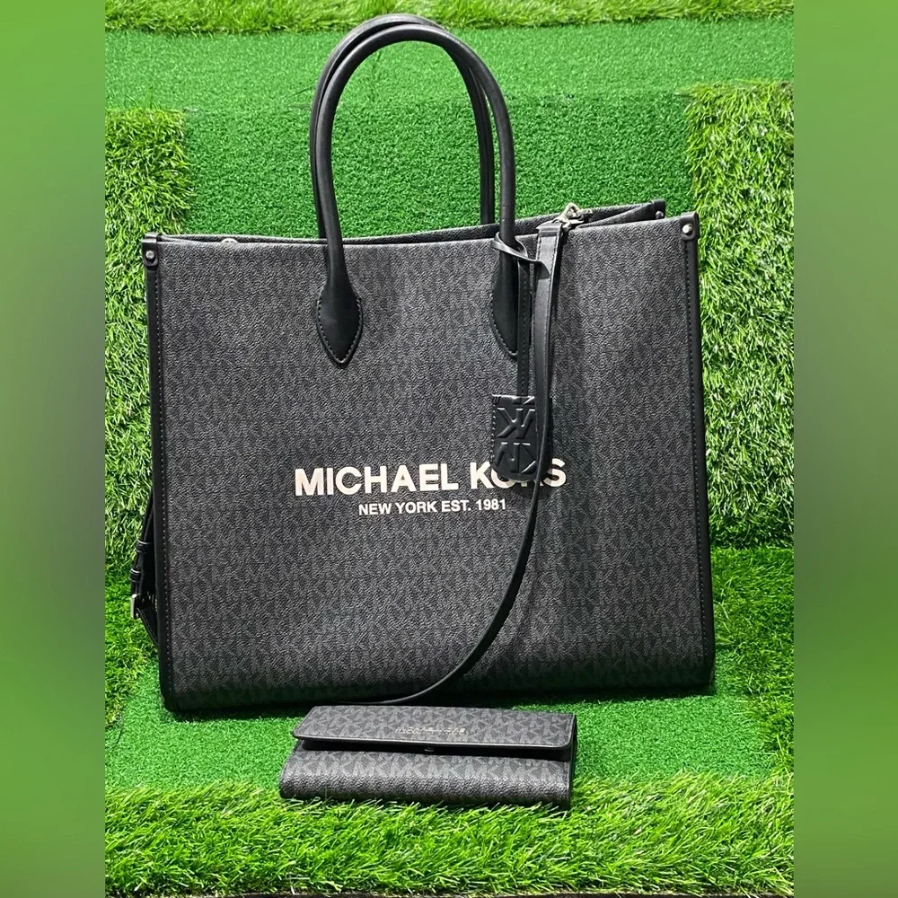 Michael Kors Black Signature Tote Bag With Wallet 13”x15”x7”